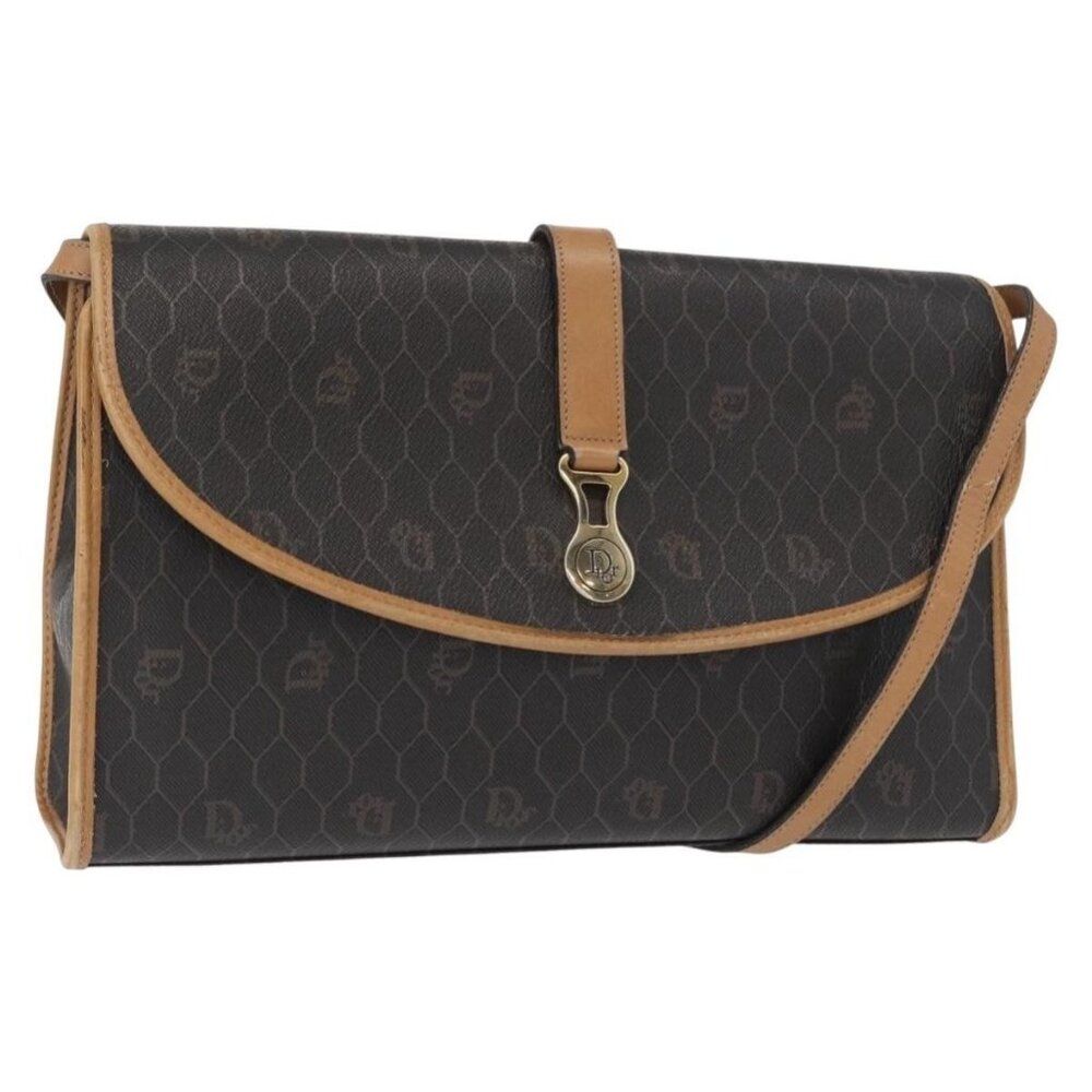 Authentic Christian Dior Honeycomb Canvas Shoulder Bag PVC Black Gold